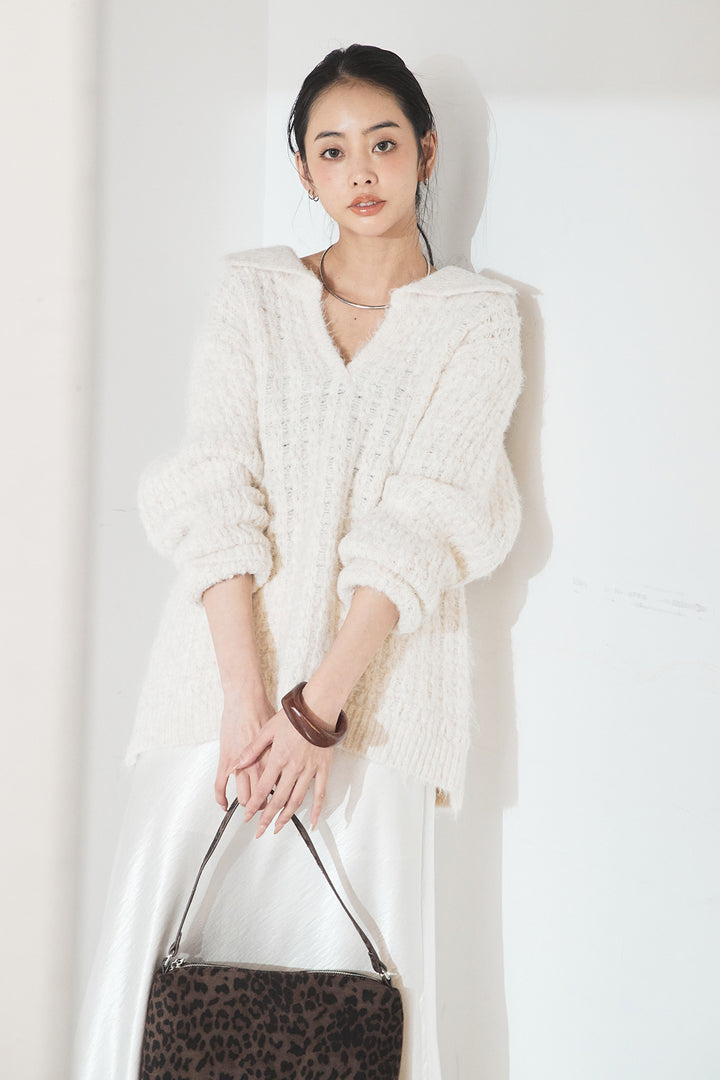 [SET]襟付きVネックニットトップス+裾レースデザインサテンスカート(2set)