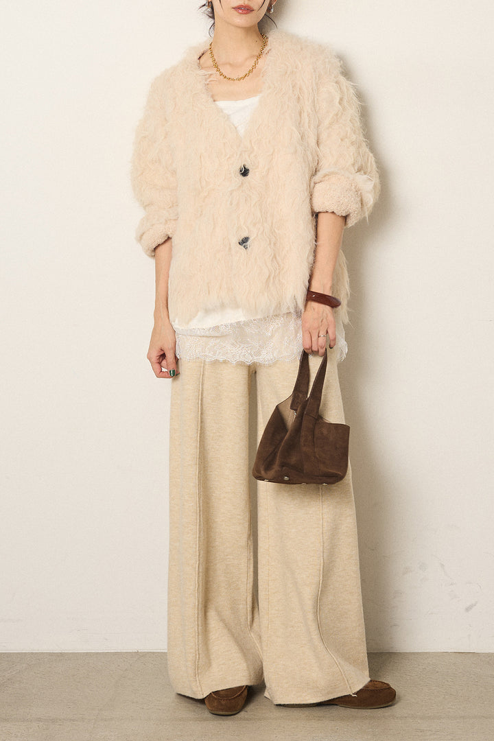 [SET]起毛シャギーニットカーディガン+センターラインニットパンツ+レース切り替えキャミソール(3set)