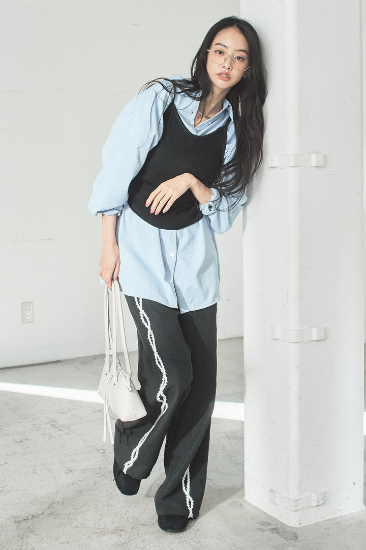 [SET]ニットキャミ付きシャツ+刺繡テープラインパンツ(2set)