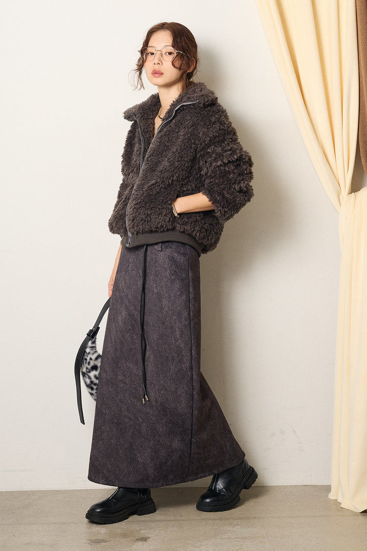 [SET]スタンドカラー裾リブボアブルゾン+ロープベルト付きスウェード調スカート(2set)