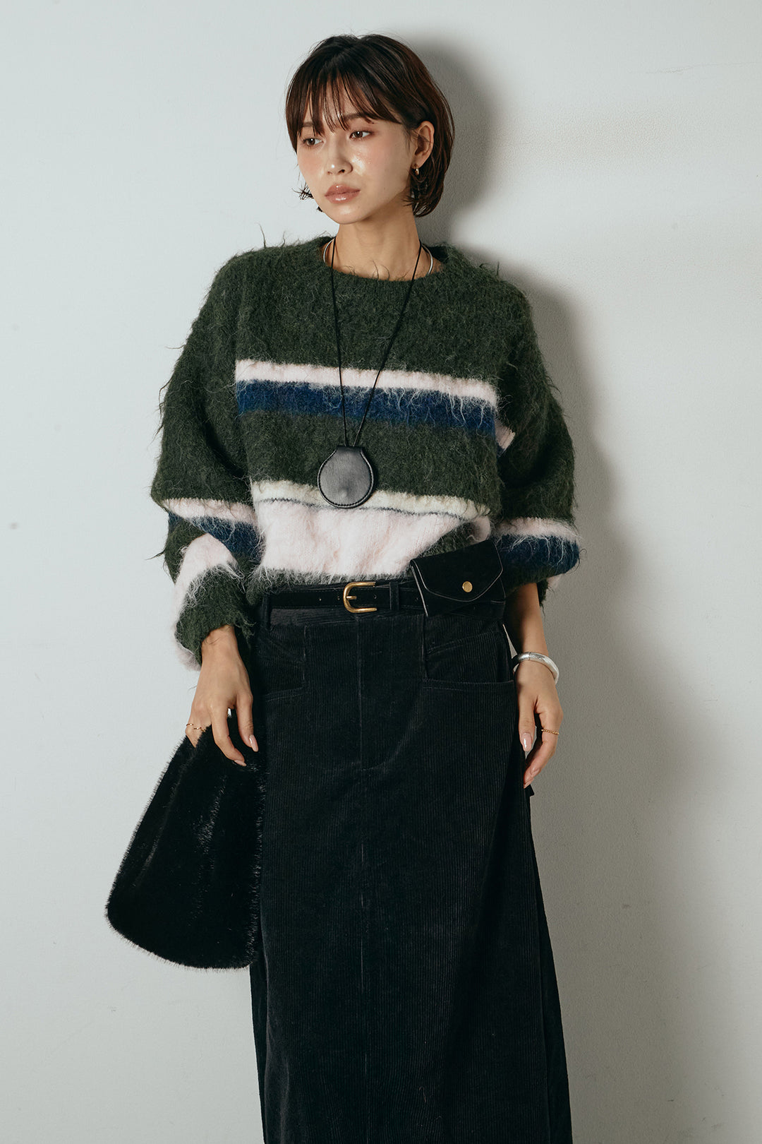 [SET]起毛配色マルチボーダーニットトップス+ポーチベルト付きコーデュロイワイドスカート(2set)