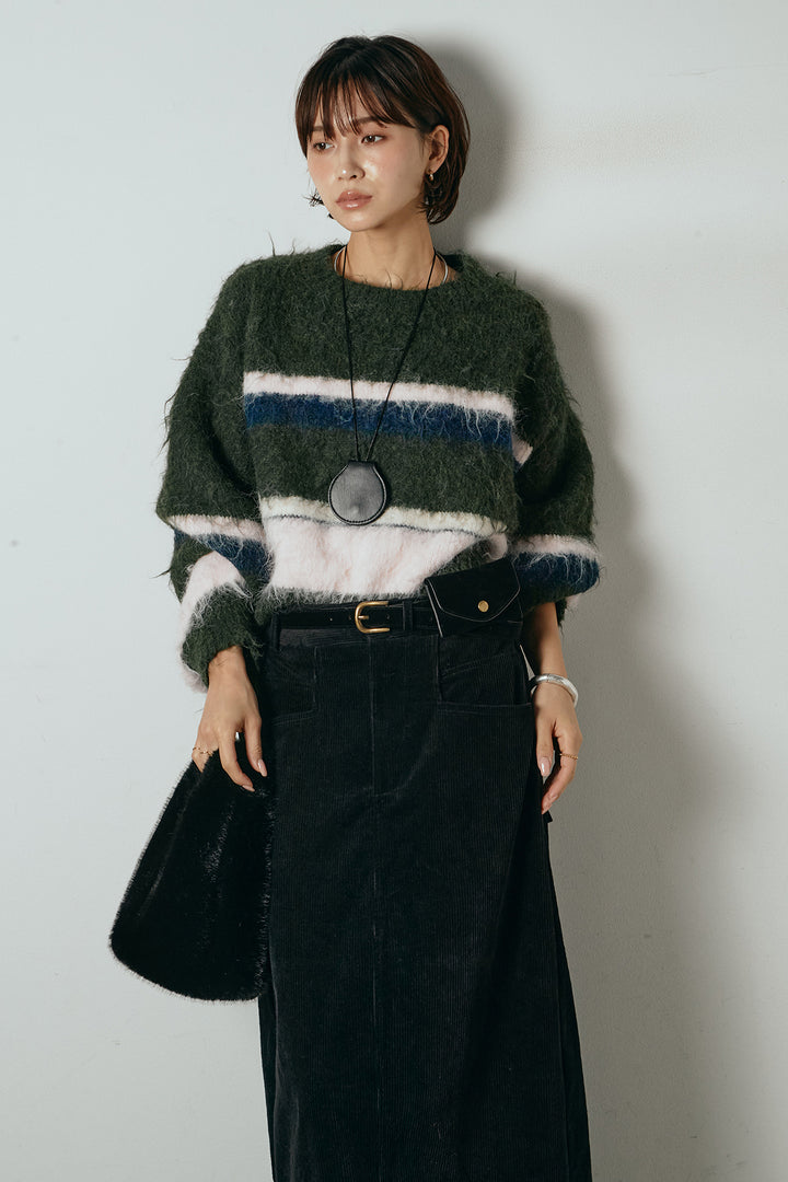 [SET]起毛配色マルチボーダーニットトップス+ポーチベルト付きコーデュロイワイドスカート(2set)