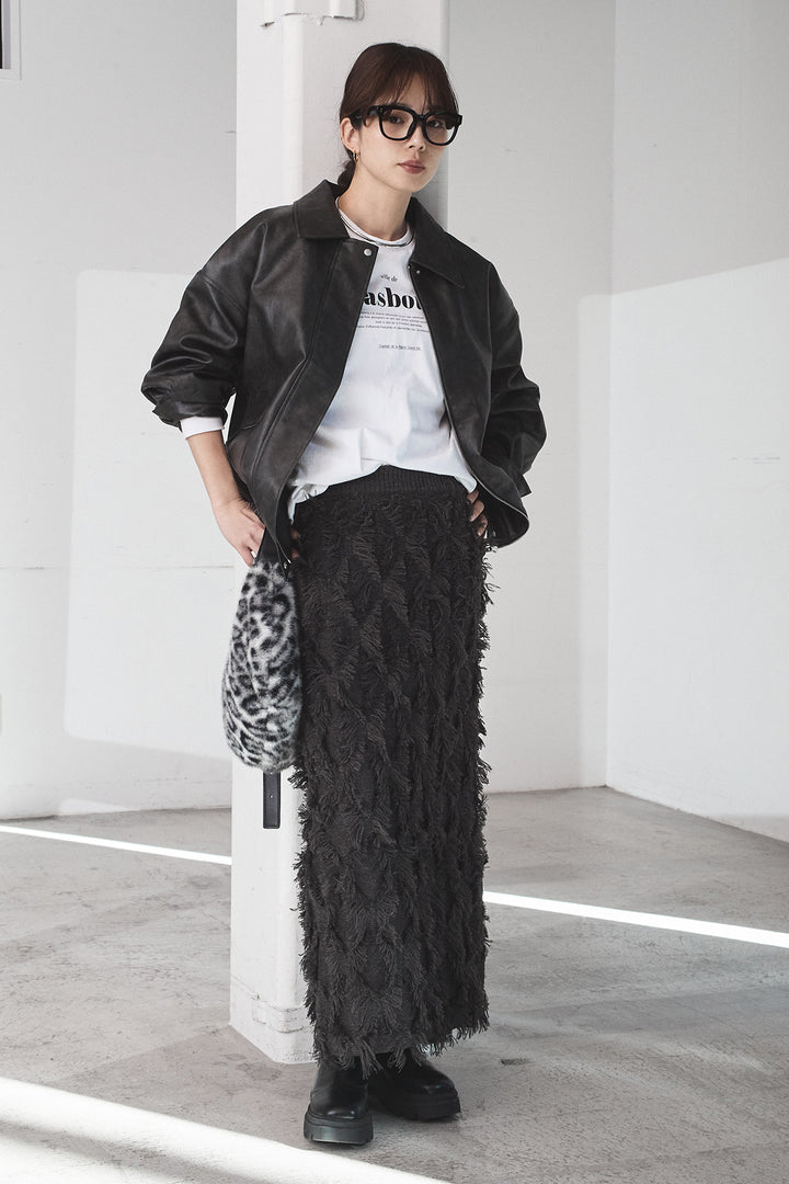 [SET]レザーライクオーバーサイズブルゾン+カットフリンジニットタイトスカート(2set)