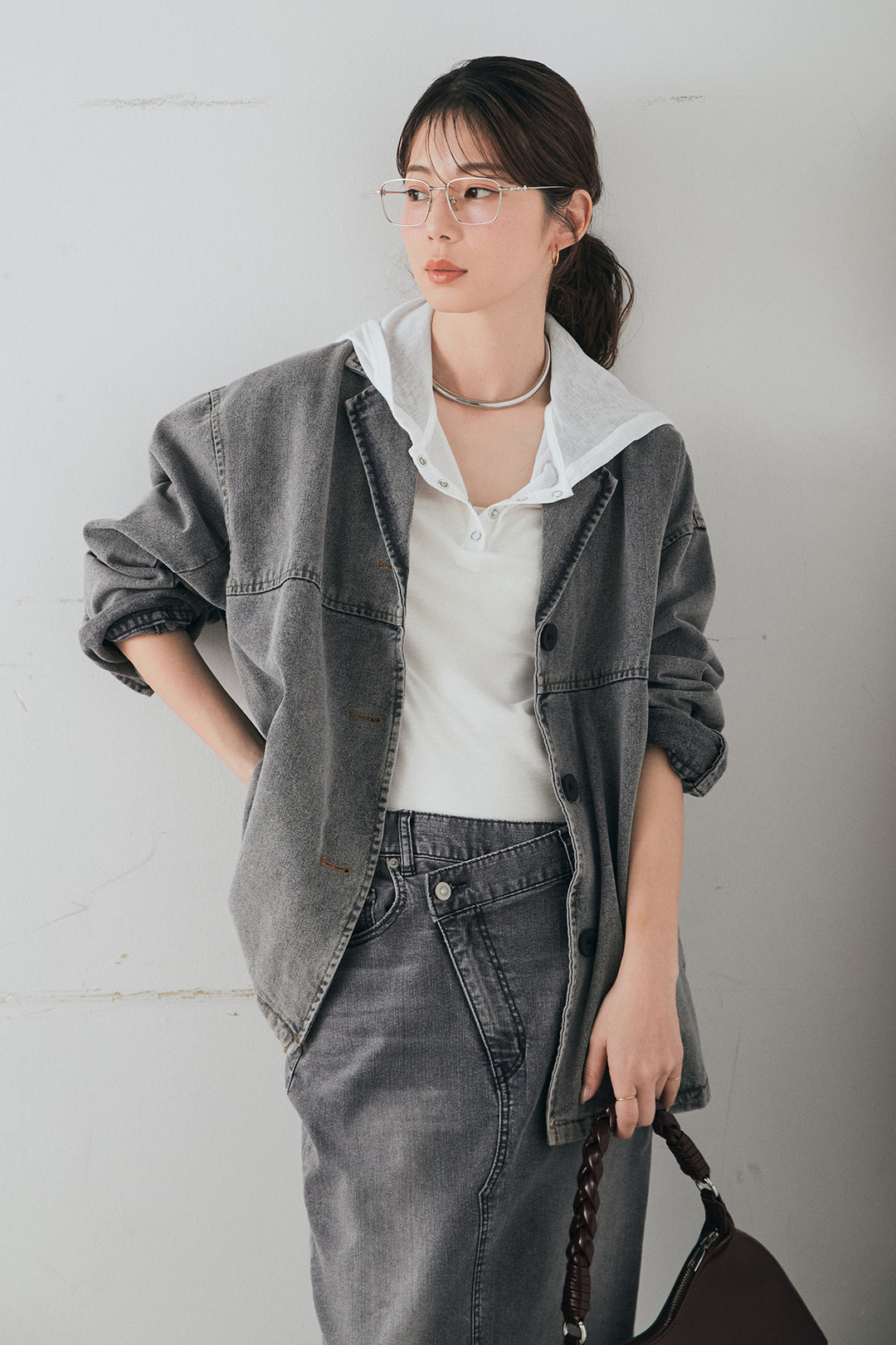 [SET]オーバーデニムジャケット+ウエストクロスデニムタイトスカート+シアーリブフーディプルオーバー(3set)