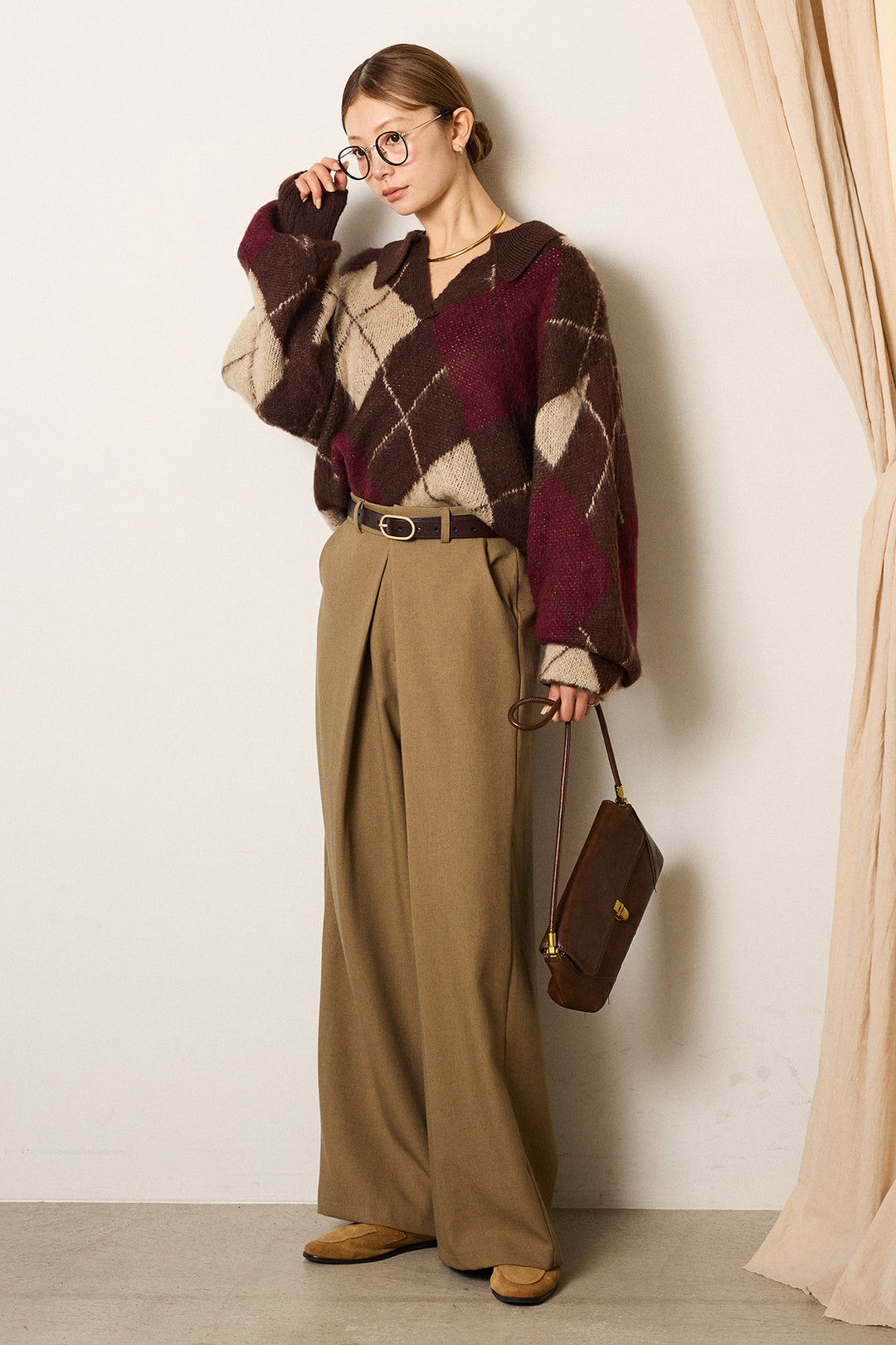 [SET]アクリルモヘアアーガイルキーネックプルオーバー+フロントワイドタックネップ入ワイドパンツ(2set)