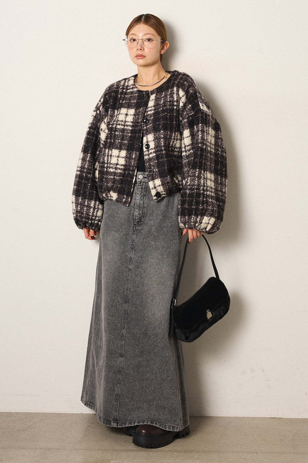 [SET]ノーカラーチェック柄ボアブルゾン+デニムロングフレアスカート(2set)