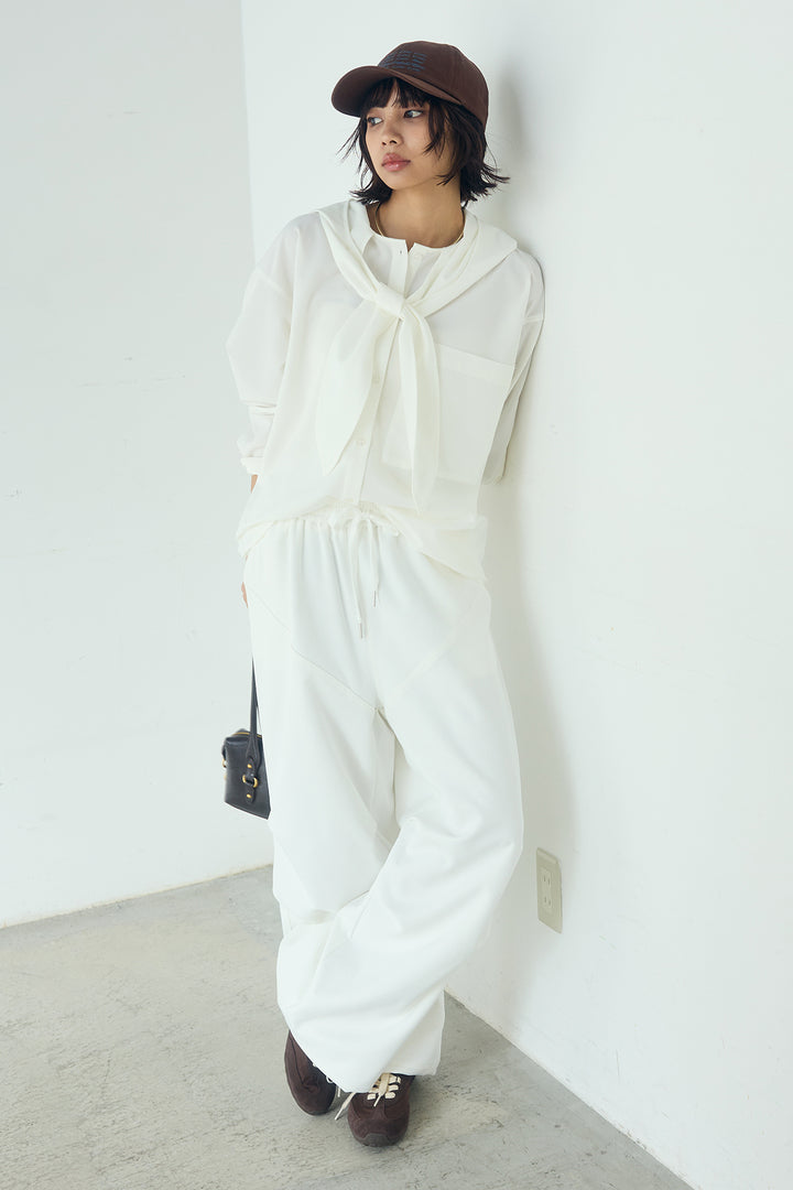 [SET]無地タイ付フーディーBIGシャツ+ランダムタックデザインワイドパンツ(2set)