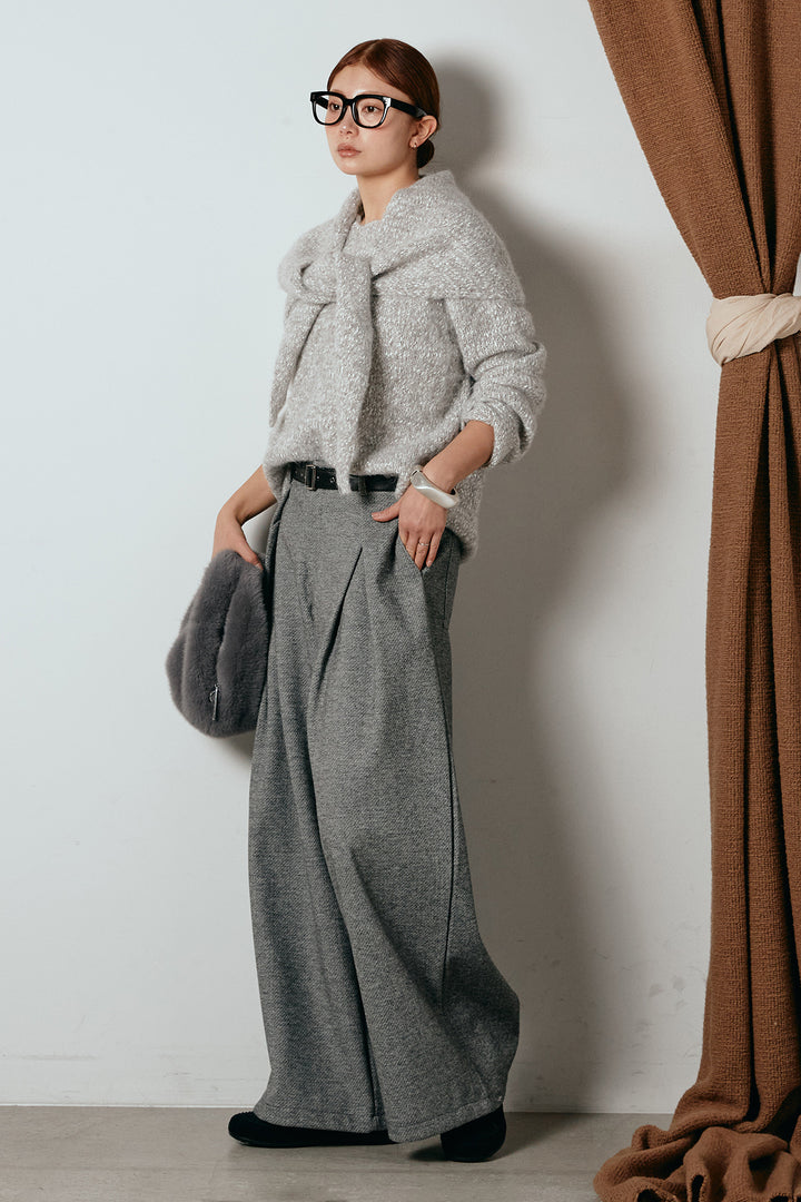[SET]スカーフ付きミックスニットトップス+細ベルト付き起毛タックワイドパンツ(2set)