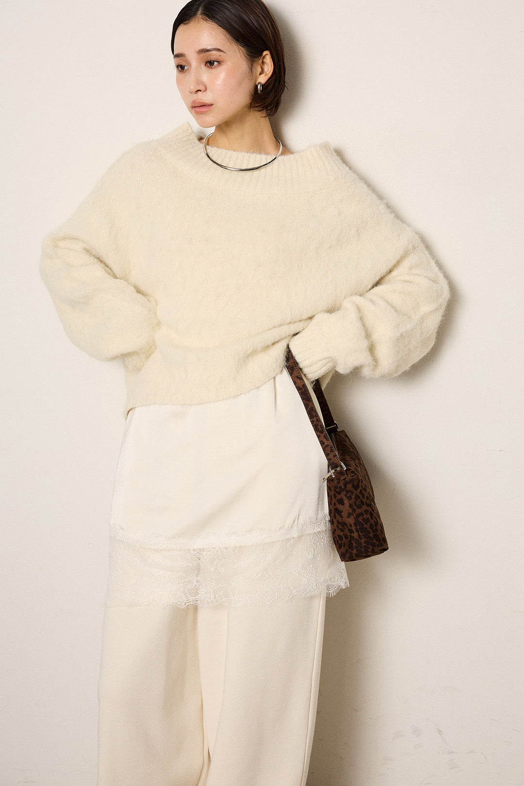 [SET]アルパカタッチオフショルニット+裏起毛スウェットワイドパンツ(2set)