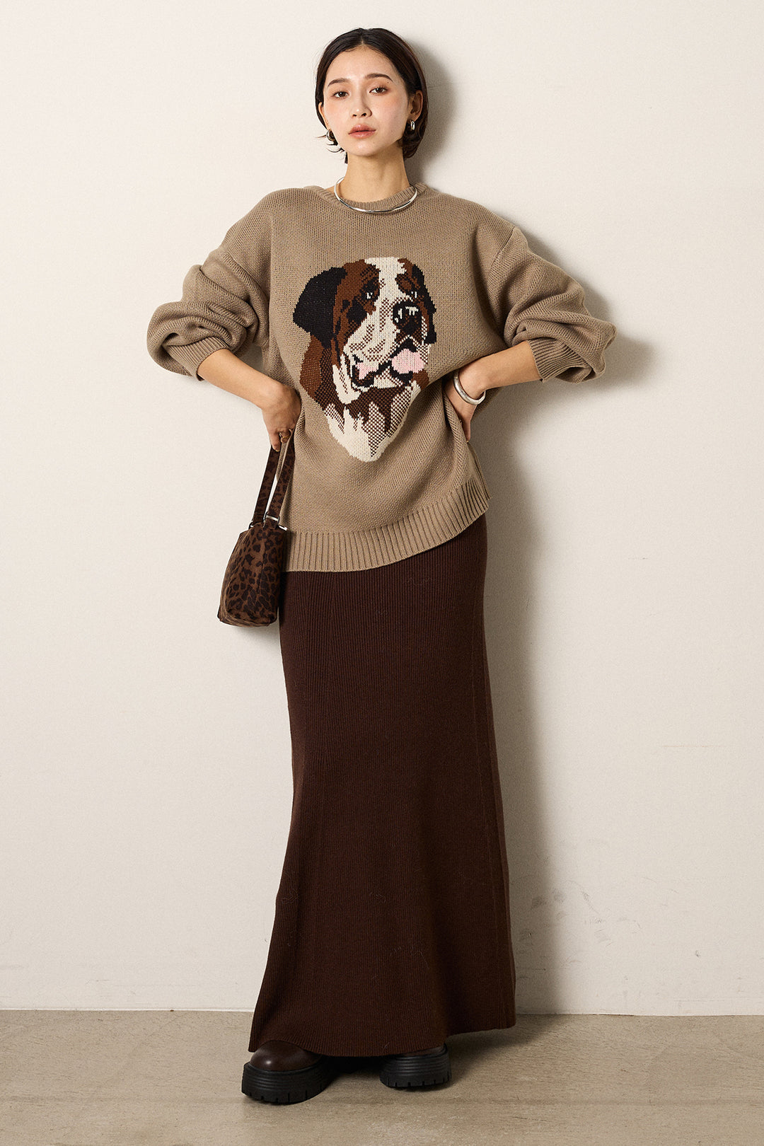 [SET]アニマルジャガード柄ニットトップス+リブナローニットスカート(2set)