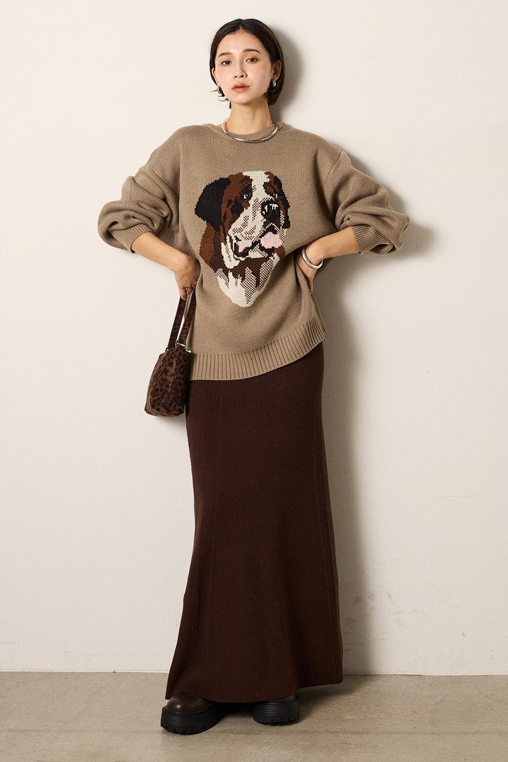 [SET]アニマルジャガード柄ニットトップス+リブナローニットスカート(2set)