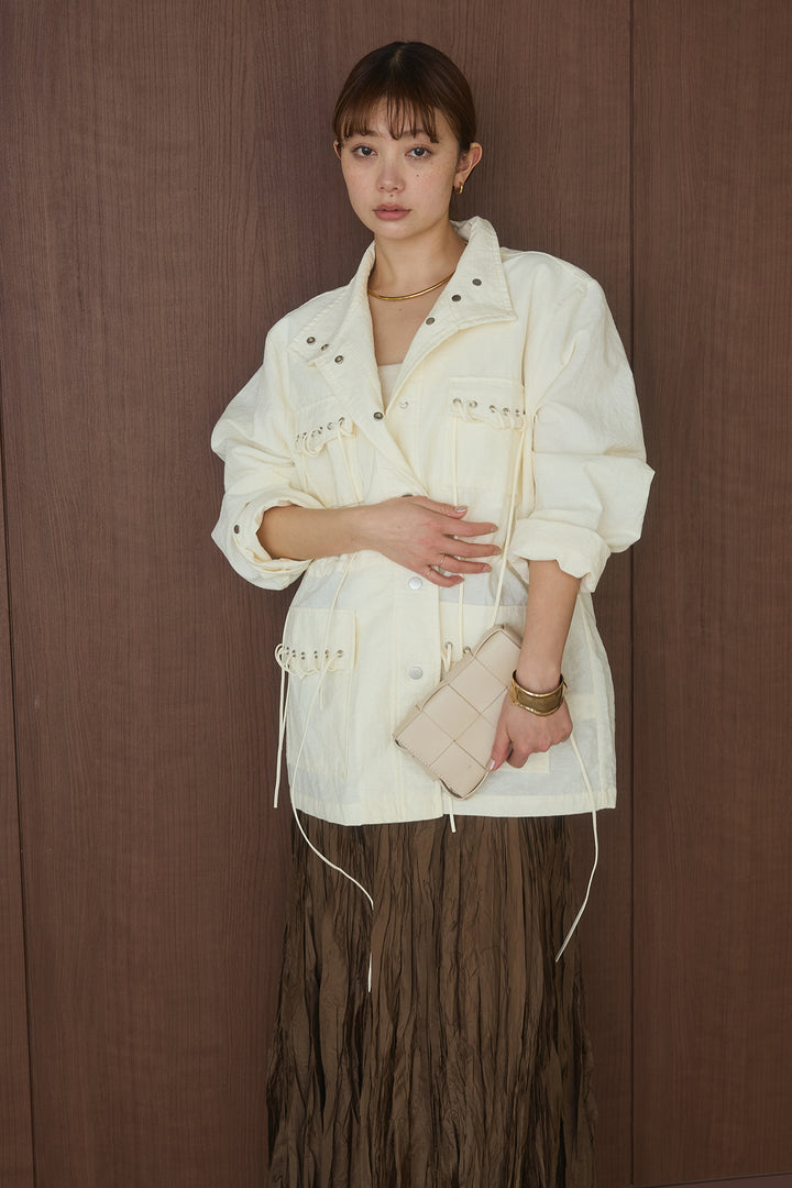 [SET]スタンドネック縫いデザインアウター+ランダムワッシャープリーツスカート(2set)