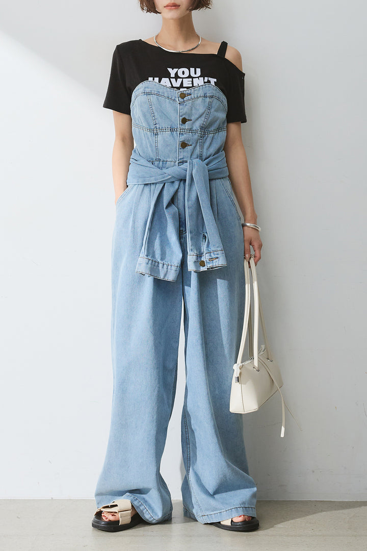 [SET]テキストロゴワンショルTシャツ+2WAYデニムベアサロペット(2set)