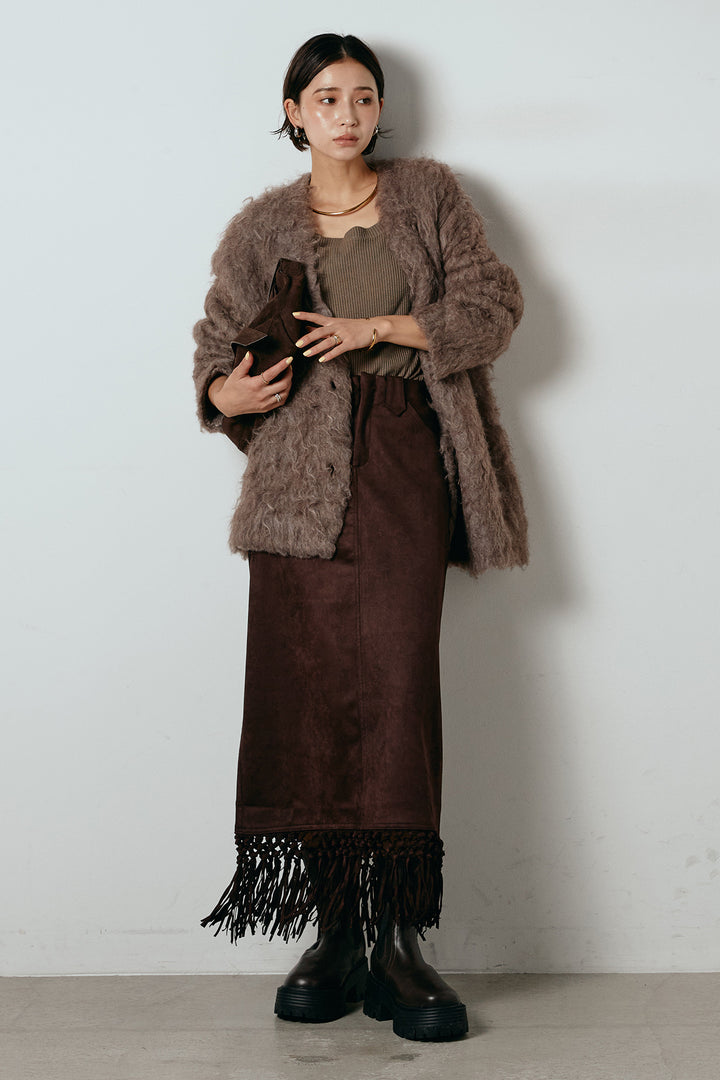 [SET]ウェーブシャギーニットジャケット+スウェードライク裾フリンジスカート(2set)