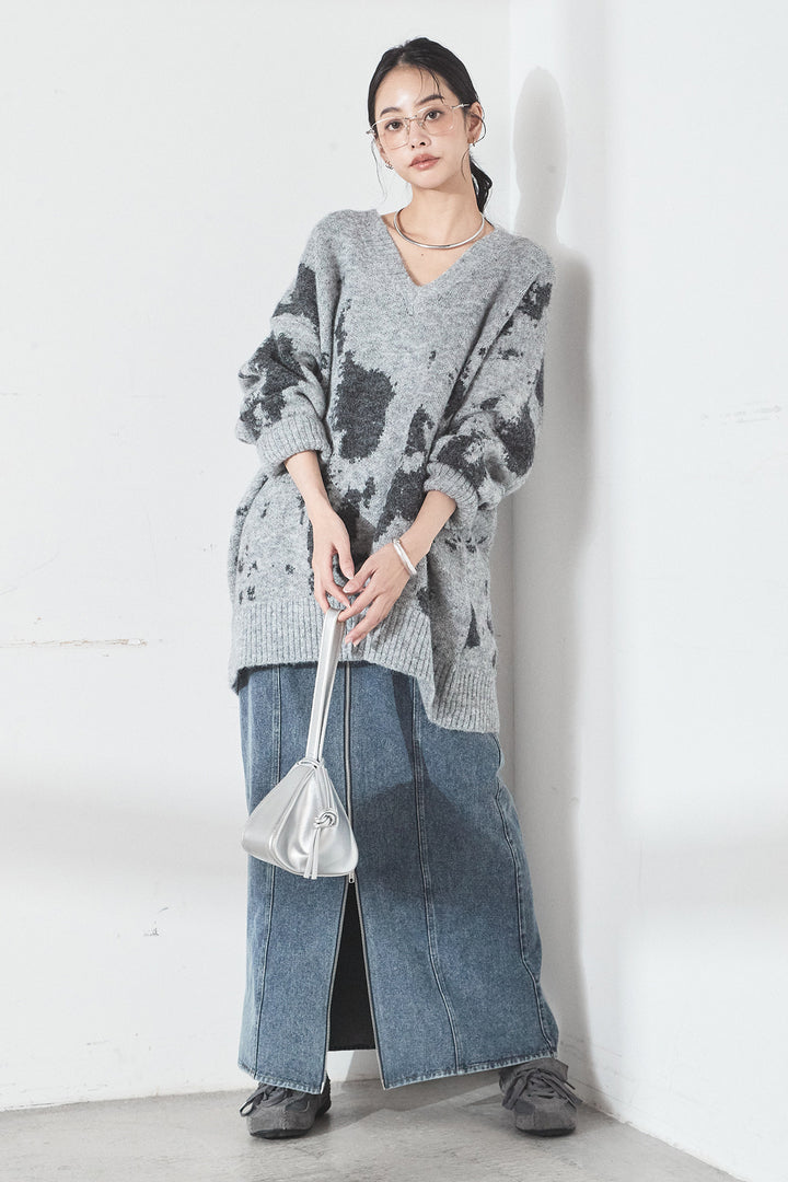 [SET]アブストラクト柄ニットプルオーバー+フロントジップデニムスカート(2set)