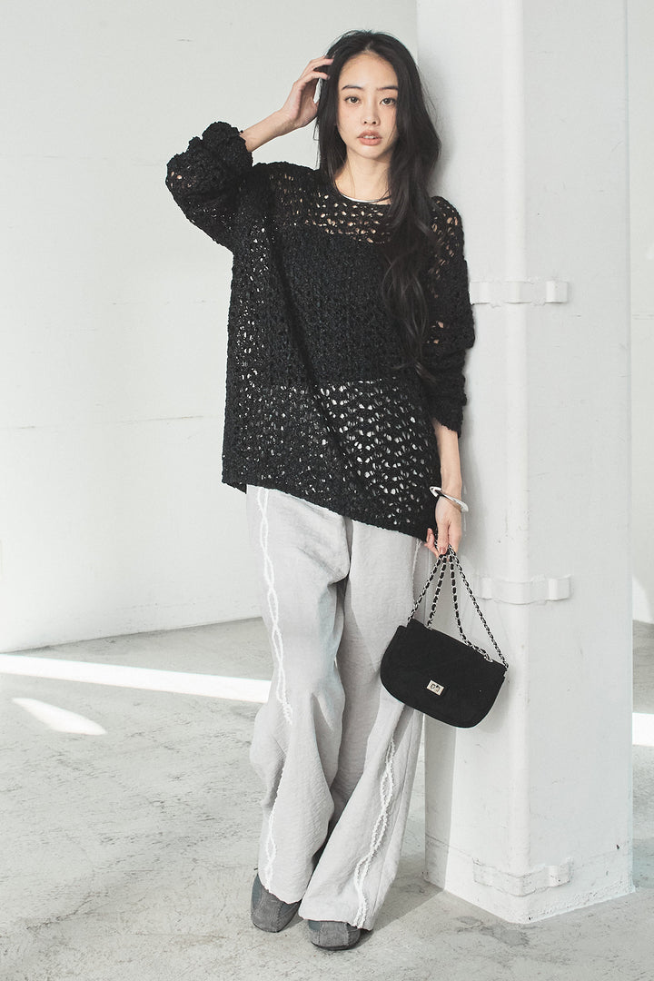 [SET]リラックスメッシュニットトップス+刺繡テープラインパンツ(2set)