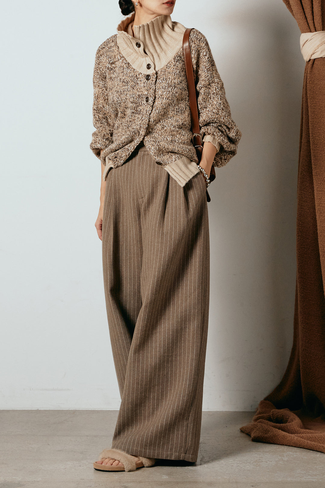 [SET]ハイネックミックスニットカーディガン+ウールライクストライプパンツ(2set)