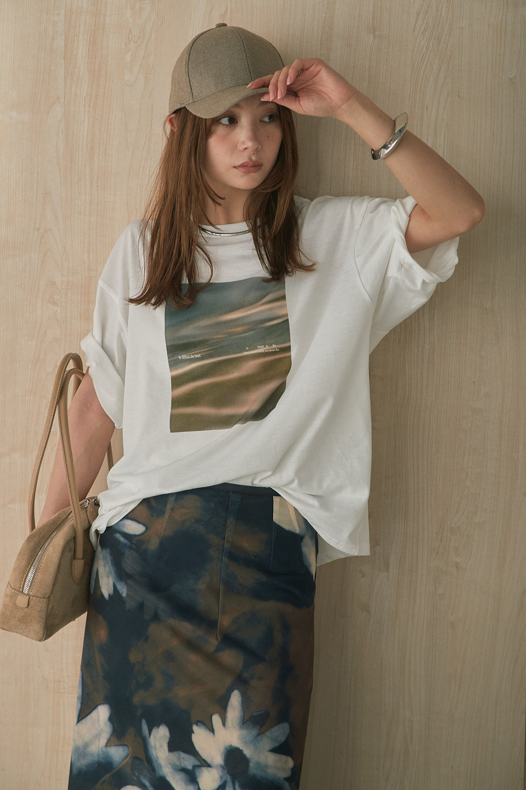 [SET]MarbleプリントTシャツ+ニュアンス花柄スカート(2set)