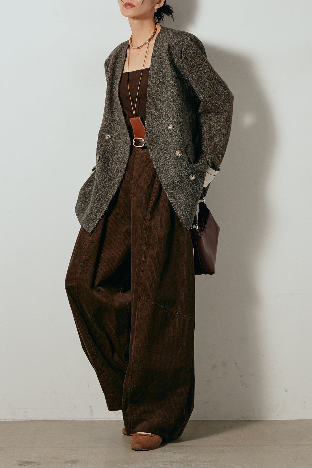 [SET]ノーカラーダブルボタンツイードジャケット+タック入りコーデュロイワイドパンツ(2set)