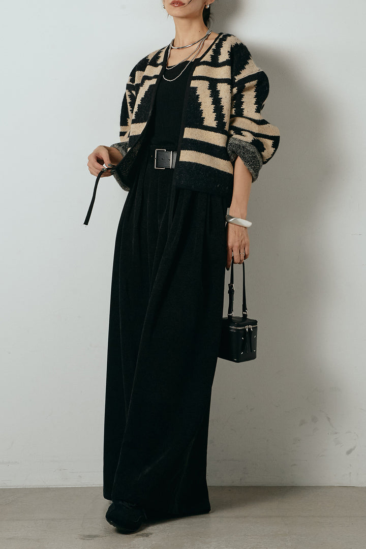 [SET]ノーカラー幾何学模様アウター+ベルトループコーデュロイワイドパンツ(2set)