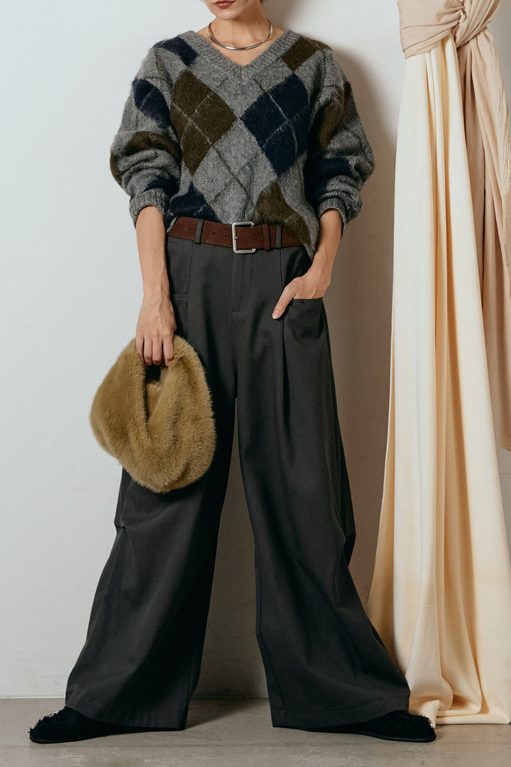 [SET]アクリルモヘアアーガイルVネックプルオーバー+太ベルト付きタックデザインワイドパンツ(2set)