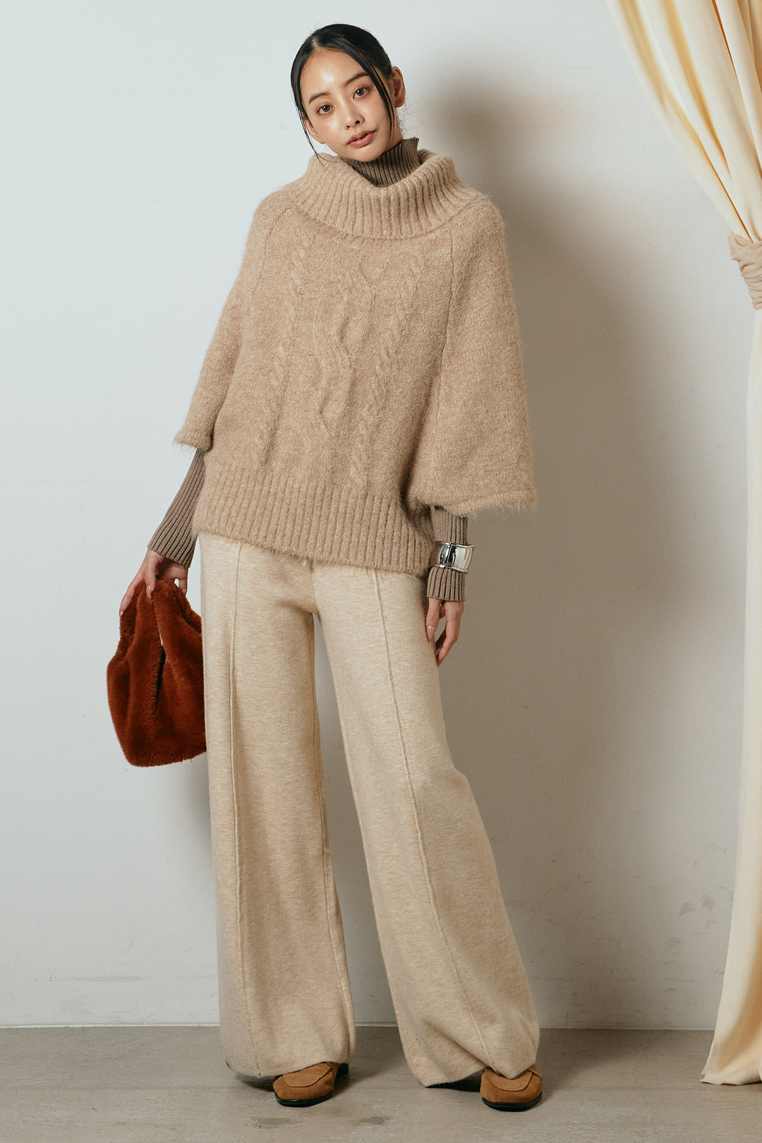 [SET]起毛ミディアムスリーブニットトップス+リブニットシームレスタートルプルオーバー+センターラインニットパンツ(3set)