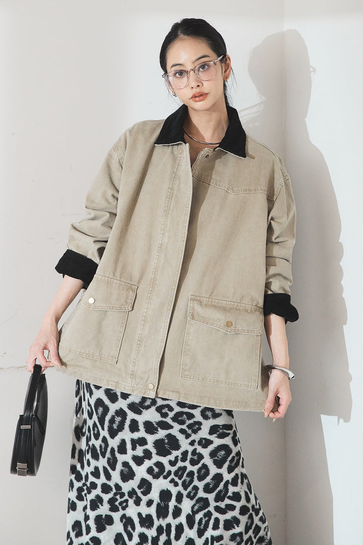 [SET]襟コーデュロイデザインデニム調カバーオール+レオパードサテンナロースカート(2set)