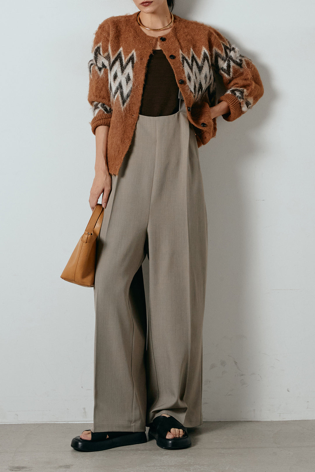 [SET]起毛ノルディック柄ニットカーディガン+ワイドツイルサロペット(2set)