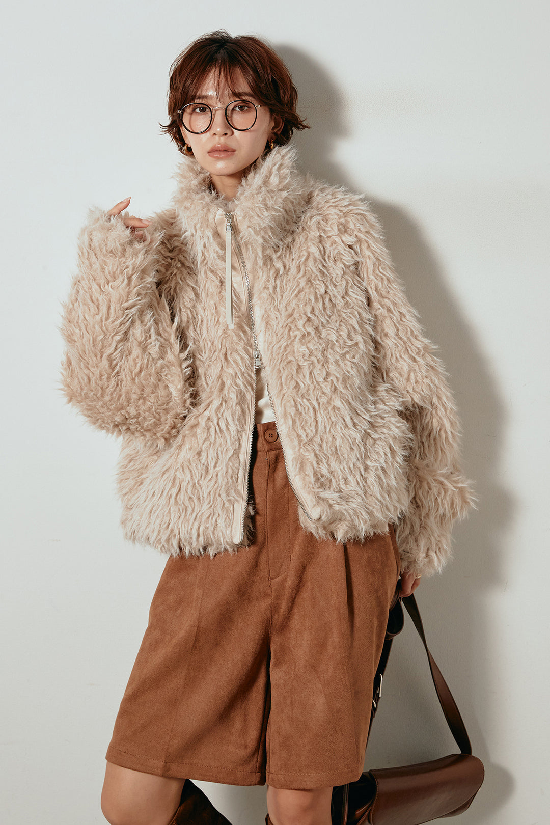 [SET]ミックスシープファースタンドブルゾン+フェイクスウェードハーフパンツ(2set)