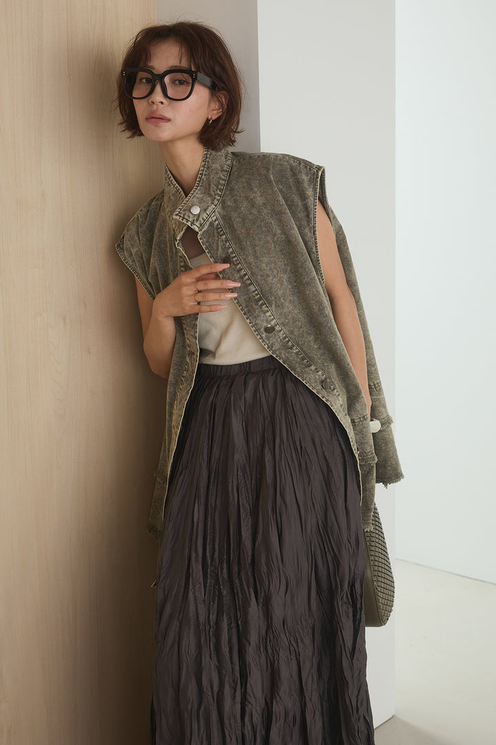 [SET]ケミカルデニムヘムカットオフジレ+イレギュラープリーツイージースカート(2set)