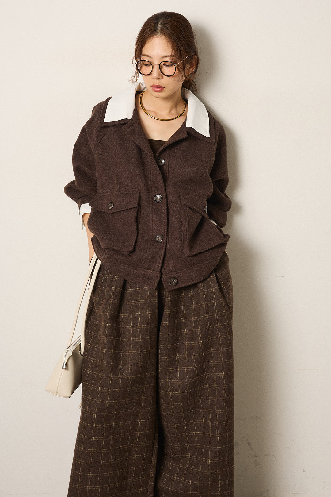 [SET]衿レイヤードフェイクウールジャケット+ウールライクチェックタックパンツ(2set)