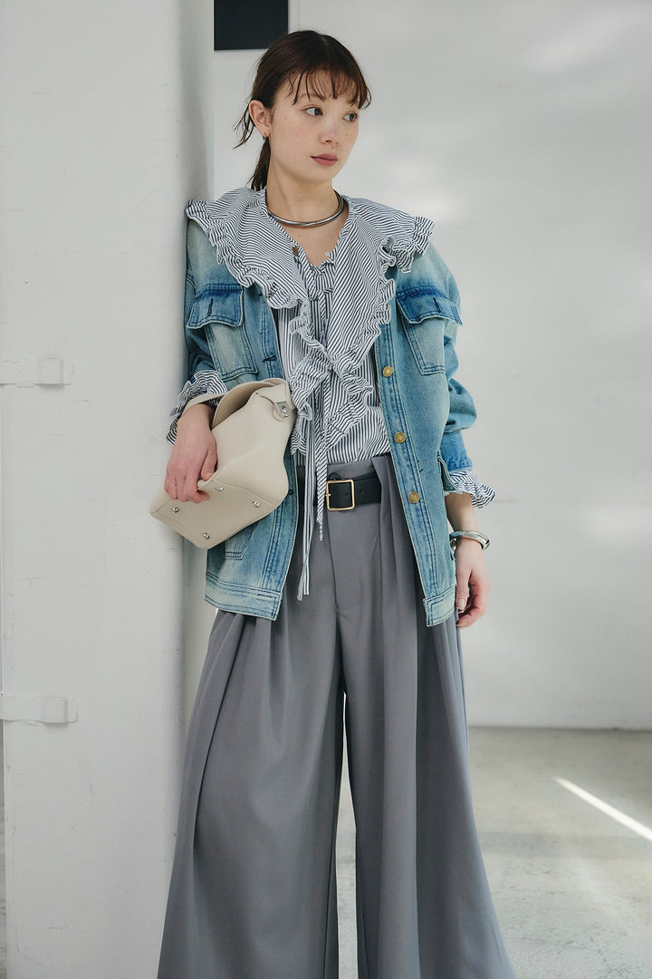 [SET]ノーカラーデニムポケットジャケット+コットンフリルブラウス+ベルト付きタックデザインハイウエストロングパンツ(3set)