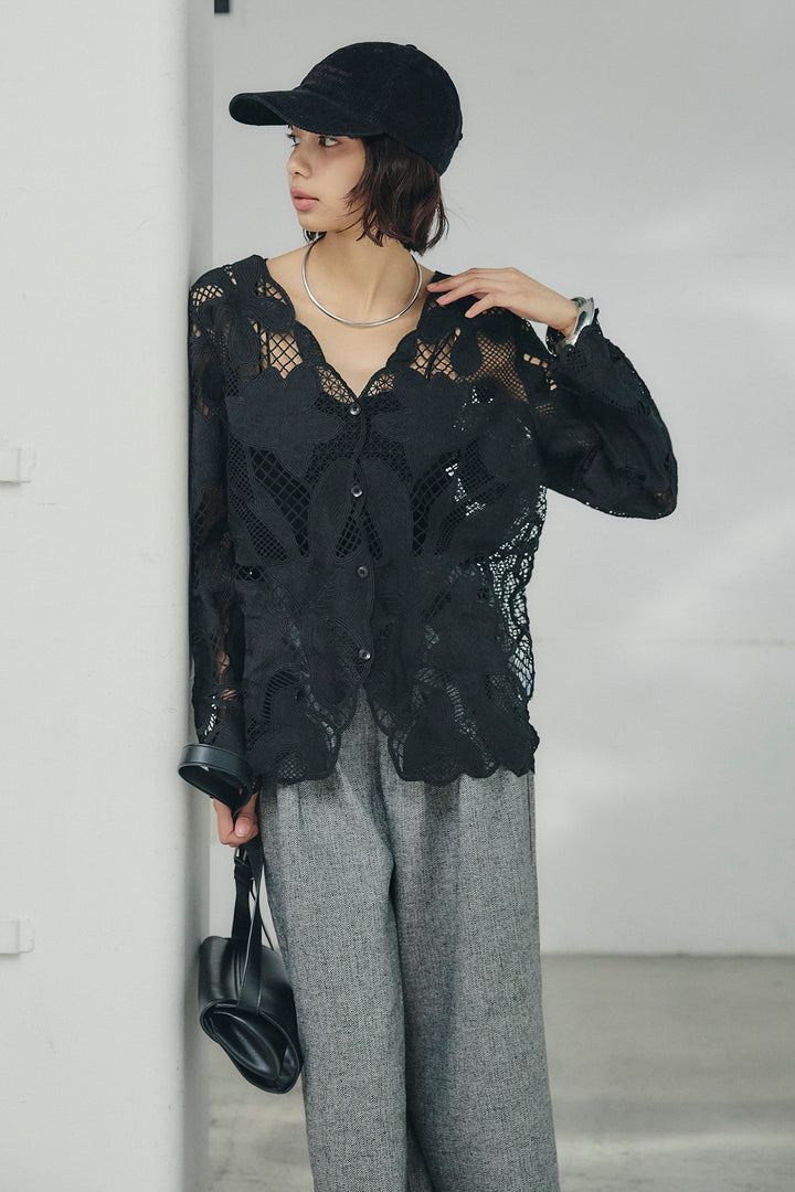 [SET]フラワー刺繍レースブラウス+サイドボタンツイードタックパンツ(2set)