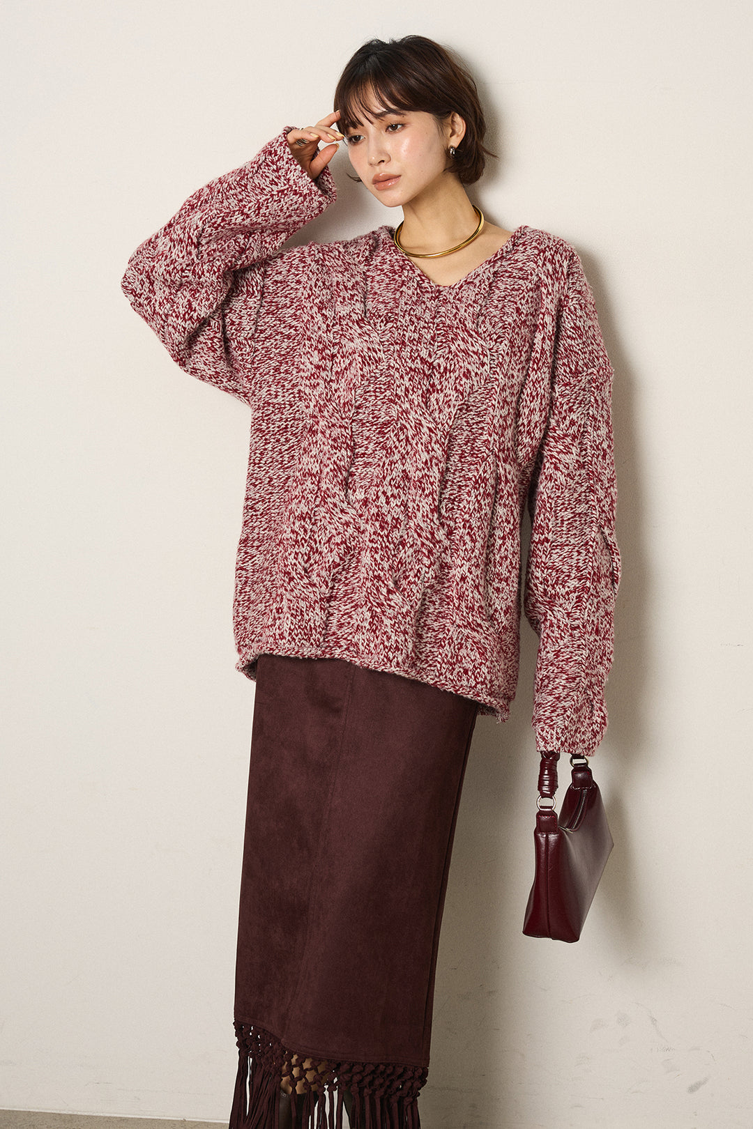 [SET]Vネックミックス編みニットトップス+スウェードライク裾フリンジスカート(2set)