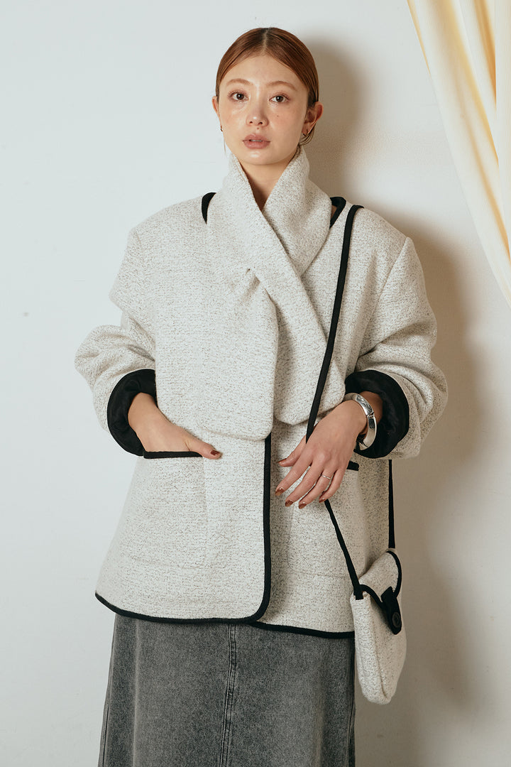 [SET]ノーカラーマフラーバッグ付きアウター+デニムロングフレアスカート(2set)