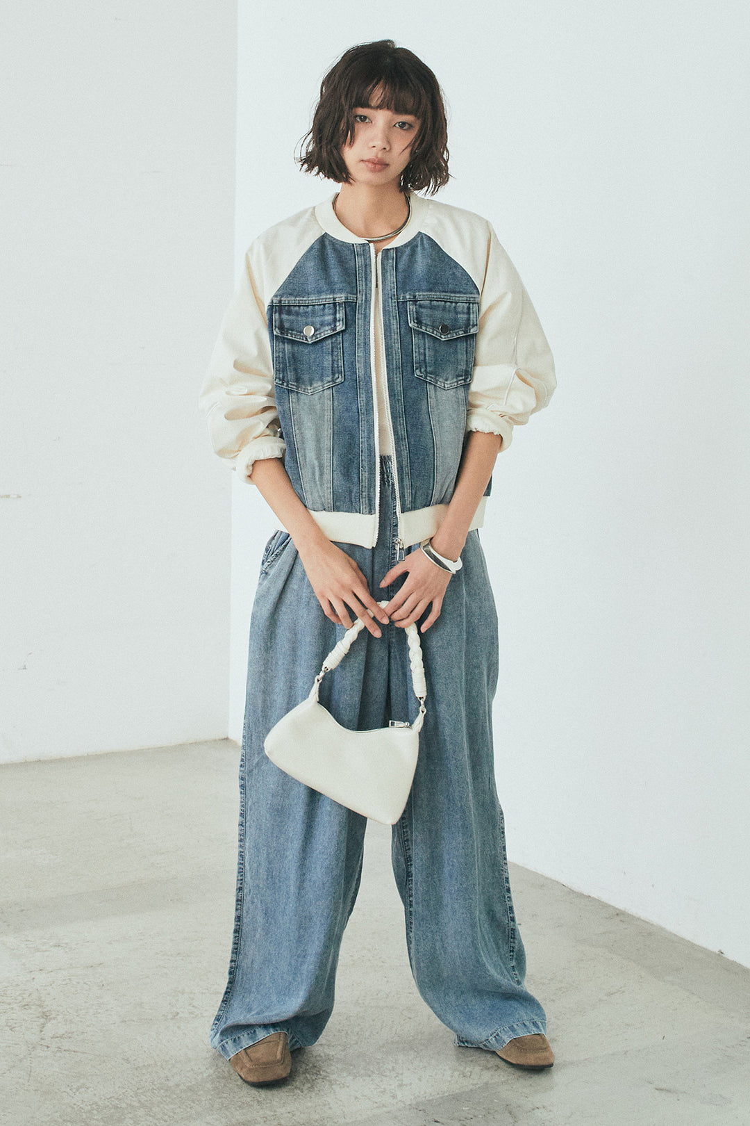 【着回しセット】[SET]テンセルデニムシャツ+テンセルデニムイージーワイドパンツ+ナイロンデニムドッキングブルゾン(3set)