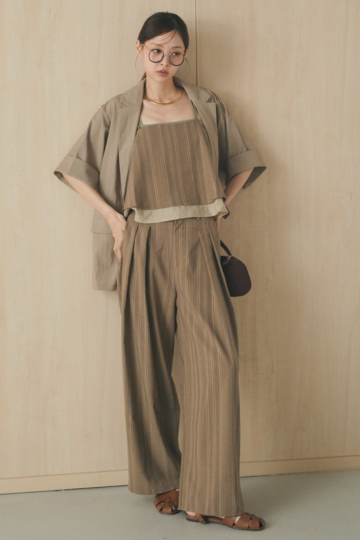 [SET]リネンストライプレイヤードキャミ+リネンストライプタックワイドパンツ(2set)