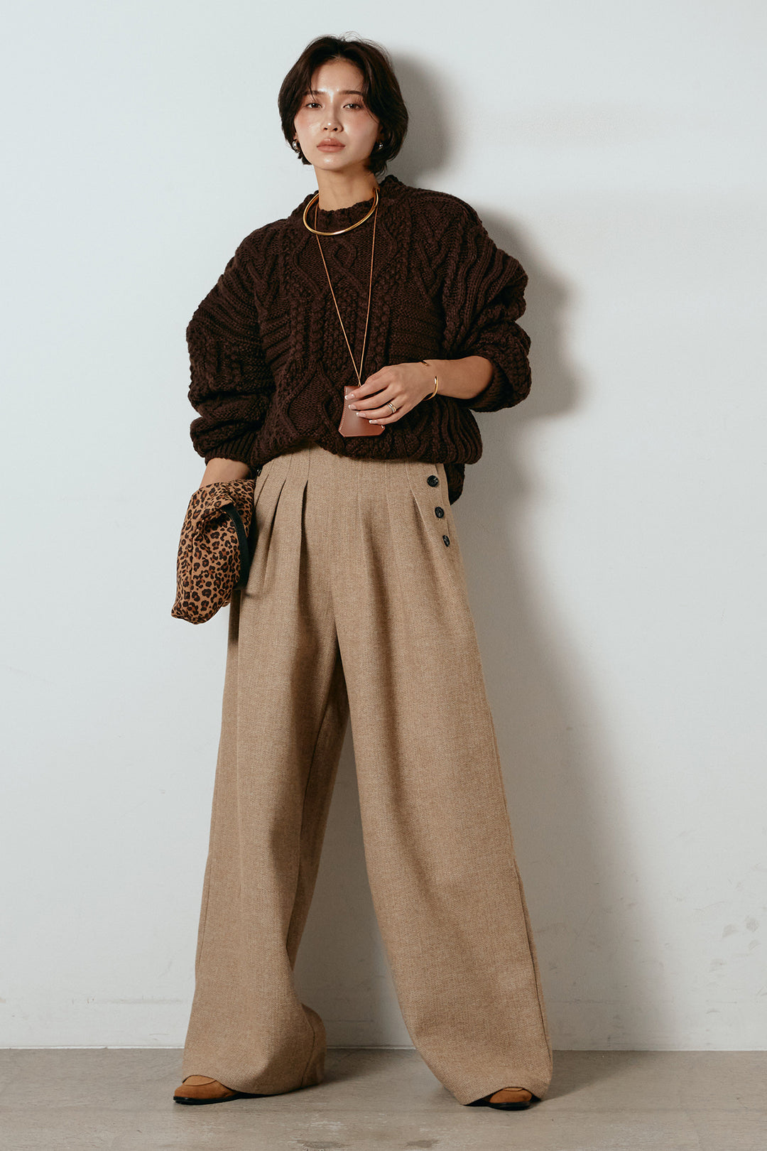 [SET]アラン柄ミックスケーブルニット+サイドボタンツイードタックパンツ(2set)