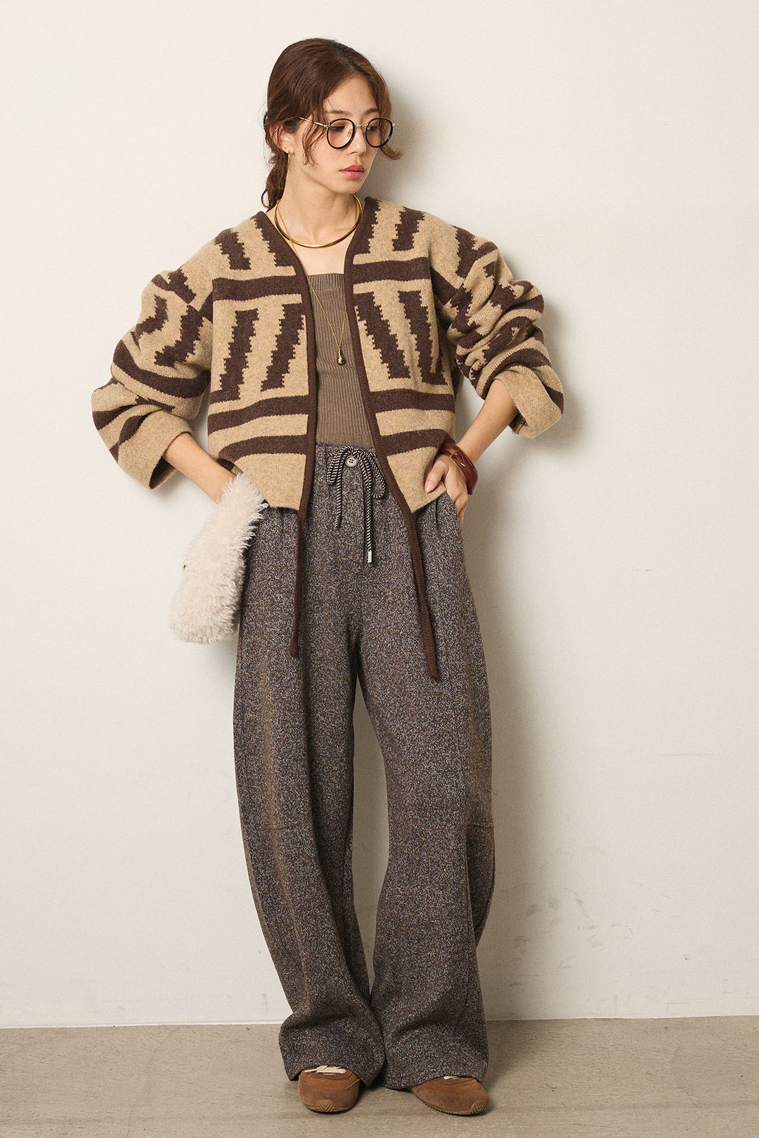 [SET]幾何学柄ノーカラーカーディガン+杢ニットフレアパンツ(2set)