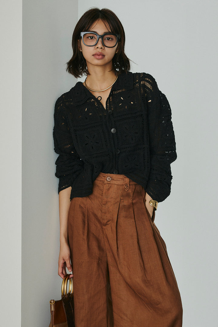 [SET]鍵編みフラワーレースカーディガン+タック入りワイドパンツ(2set)