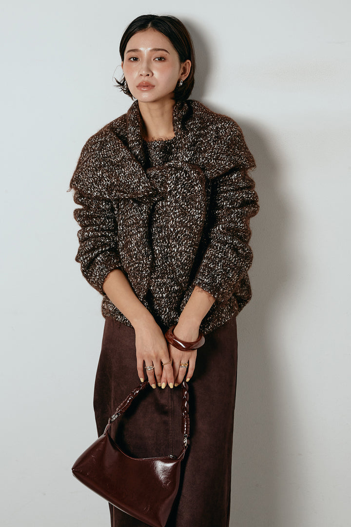 [SET]スカーフ付きミックスニットトップス+スウェードライク裾フリンジスカート(2set)