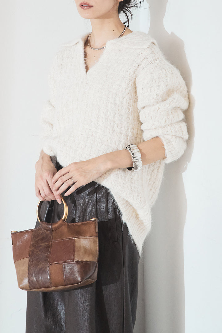 [SET]襟付きVネックニットトップス+ベルト付きレザーライクタックパンツ(2set)