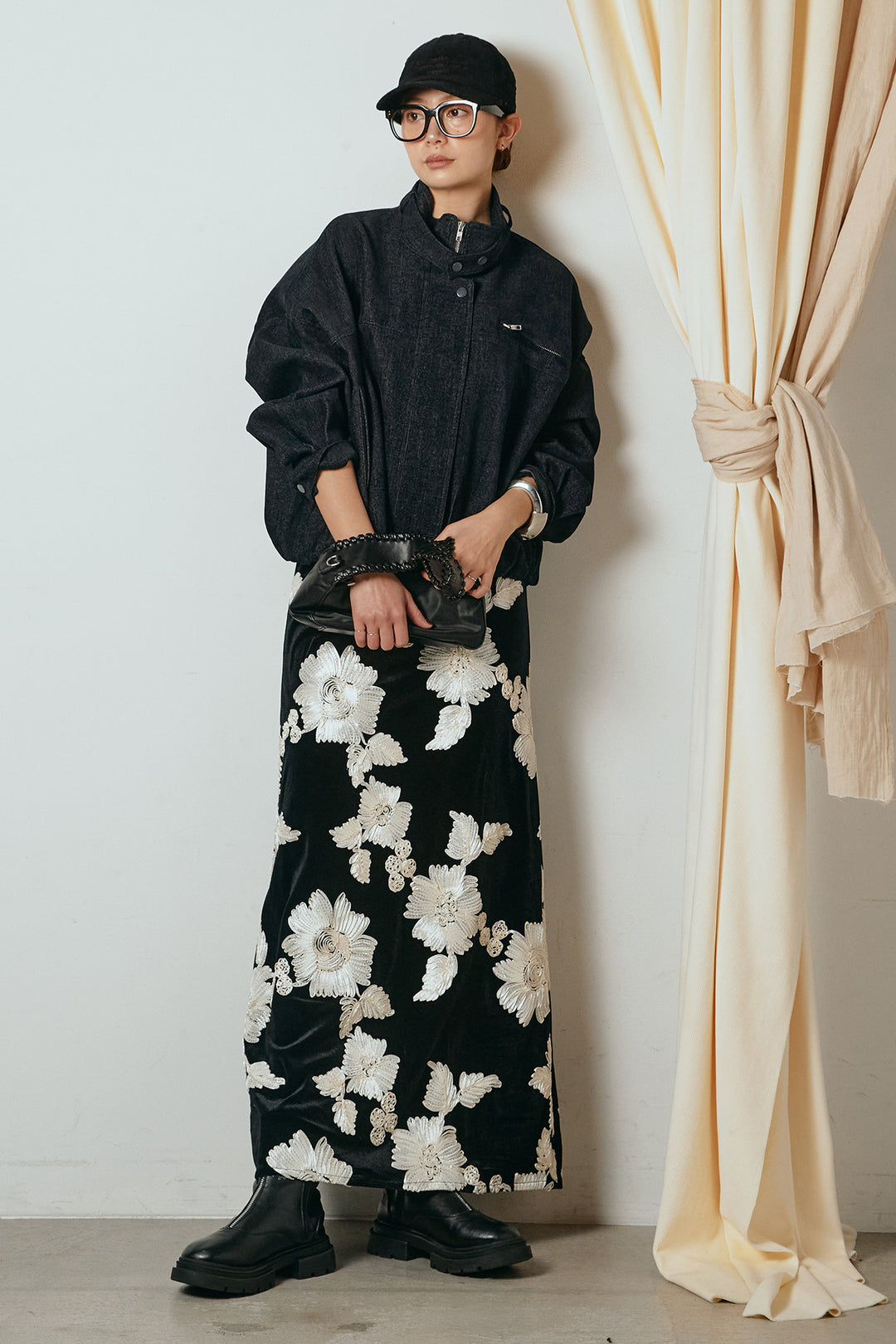 [SET]デニム調ハイネックブルゾン+フラワー刺繍ワイドスカート(2set)