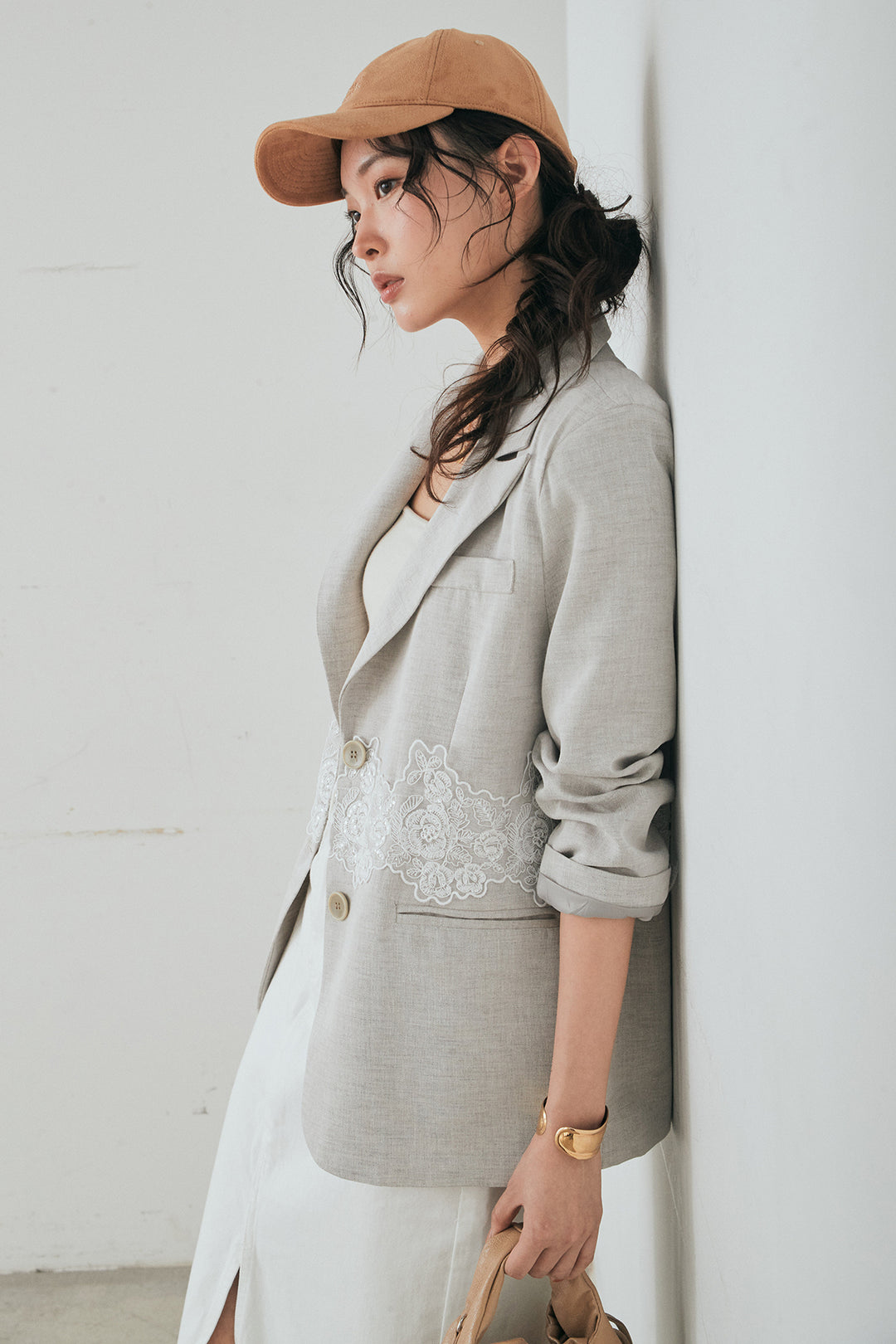 [SET]リネンタッチレースデザインジャケット+裾レースデザインデニムスカート(2set)