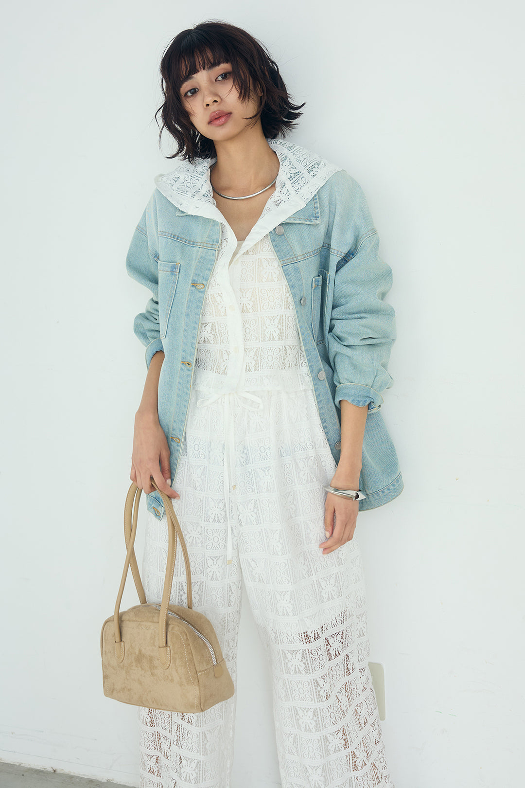 [SET]パッチワークレースショート丈フードシャツ+パッチワークレースイージーパンツ(2set)