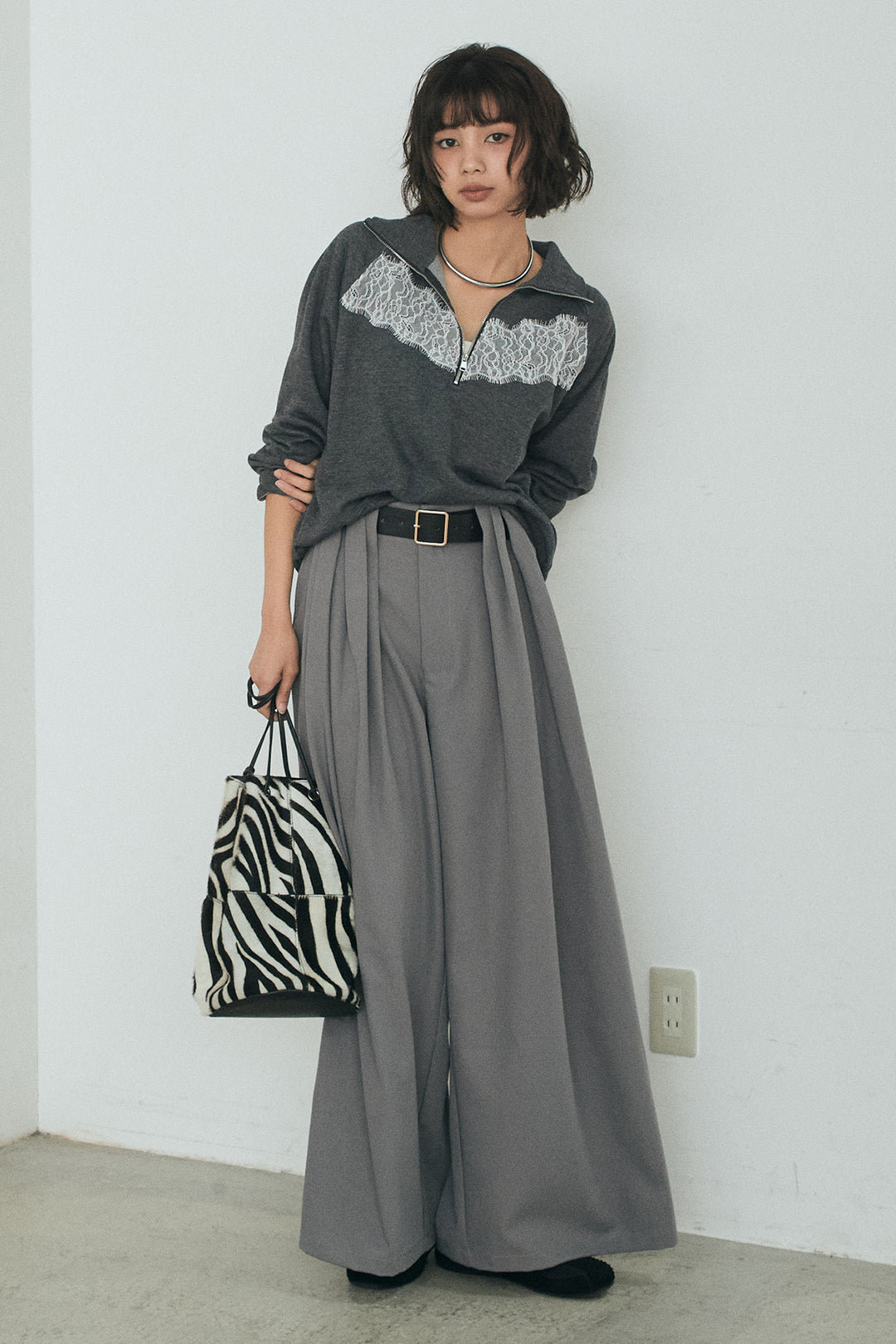 [SET]リバーレースハーフジップ裏毛スウェット+ベルト付きタックデザインハイウエストロングパンツ(2set)