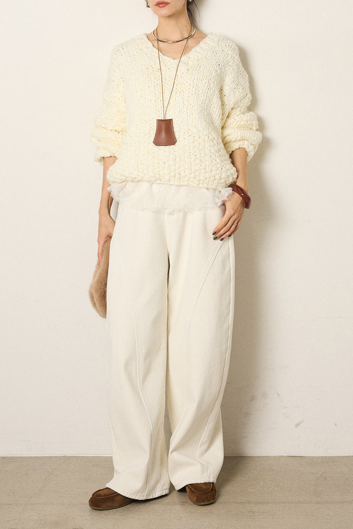 [SET]Vネックハンド編みニットトップス+ベルト付きカジュアルカーブワイドパンツ+レース切り替えキャミソール(3set)