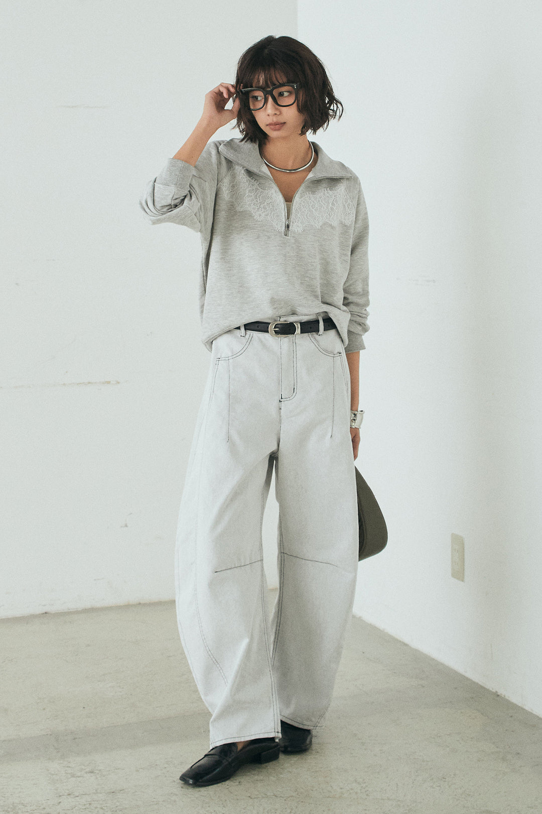 [SET]リバーレースハーフジップ裏毛スウェット+ツイル配色ステッチバレルパンツ(2set)