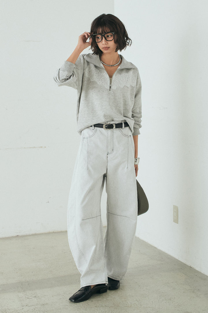 [SET]リバーレースハーフジップ裏毛スウェット+ツイル配色ステッチバレルパンツ(2set)