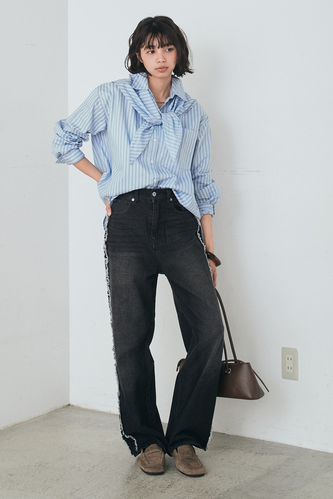 [SET]ランダムストライプスカーフ付きシャツ+デニムサイドフリルパンツ(2set)